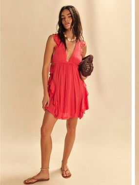 Free People Coral Ruffle V-Neck Mini Dress
